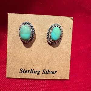 Mohave Turquoise Oval Stud Earrings Post Back. Sterling Silver 925. Brand New.